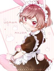 Rule 34 | 10s, 1boy, alternate costume, animal ears, apron, bad id, bad pixiv id, blush, character name, crossdressing, embarrassed, enmaided, fake animal ears, hairband, looking at viewer, looking up, maid, male focus, pantyhose, rabbit ears, rabbit tail, red eyes, red hair, sitting, starmyu, striped clothes, striped legwear, striped pantyhose, tail, tearing up, trap, tsuchiya (1315444), ugawa akira, vertical-striped clothes, vertical-striped pantyhose, waist apron, wariza, wavy mouth, wrist cuffs