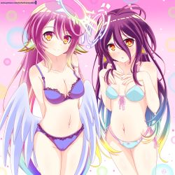 Rule 34 | 2girls, angel wings, arms behind back, bikini, blue bikini, blush, bow, bow bikini, bra, breasts, cleavage, closed mouth, commentary request, spiked halo, embarrassed, feathered wings, gradient hair, hair between eyes, halo, helvetica std, highres, jibril (no game no life), long hair, looking at viewer, low wings, magic circle, medium breasts, multicolored eyes, multicolored hair, multiple girls, navel, no game no life, open mouth, panties, pink hair, purple bra, purple eyes, purple hair, purple panties, red eyes, shuvi (no game no life), small breasts, smile, swimsuit, underwear, underwear only, very long hair, watermark, web address, wing ears, wings, yellow eyes