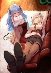Rule 34 | 2girls, ahoge, animal ear fluff, animal ears, arm up, bad id, bad pixiv id, beret, black footwear, black shorts, blue hair, boots, breasts, brown eyes, brown legwear, brown skirt, collared shirt, commentary request, couch, covered mouth, crossed legs, ear piercing, eye contact, female focus, grin, hair between eyes, hat, heart, heart ahoge, highres, hololive, hug, indoors, lion ears, lion girl, lion tail, long hair, looking at another, lying, medium breasts, multiple girls, on back, on couch, pantyhose, pantyhose under shorts, piercing, pleated skirt, pointy ears, shirt, shishiro botan, shishiro botan (button-down), shoe soles, short shorts, shorts, sitting, skirt, smile, sue (bg-bros), sweater, tail, two side up, very long hair, virtual youtuber, wariza, white footwear, white hair, white headwear, white shirt, white sweater, wooden floor, yukihana lamy, yukihana lamy (casual)