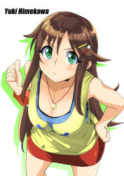 Rule 34 | 1girl, :t, bare arms, bare shoulders, breasts, brown hair, character name, cleavage, closed mouth, cowboy shot, green eyes, hair ornament, hairclip, hand on own hip, highres, himekawa yuki, idolmaster, idolmaster cinderella girls, jewelry, legs apart, long hair, medium breasts, miniskirt, necklace, red skirt, silhouette, simple background, skirt, solo, tank top, v-shaped eyebrows, white background, wristband, yuuichi (reductionblack)