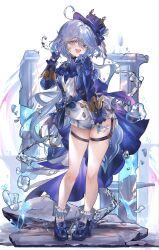 Rule 34 | 1girl, absurdres, ahoge, air bubble, arm up, asymmetrical gloves, black gloves, black straps, blue bow, blue eyes, blue footwear, blue gemstone, blue hat, bow, bubble, drop-shaped pupils, floating hair, full body, furina (genshin impact), gem, genshin impact, gloves, hair between eyes, hat, highres, long hair, long sleeves, looking at viewer, mismatched gloves, mismatched pupils, multicolored hair, open mouth, shoes, short shorts, shorts, smile, socks, solo, streaked hair, symbol-shaped pupils, teeth, thigh strap, top hat, upper teeth only, utsuhostoria, white gloves, white shorts, white socks