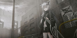 Rule 34 | 1girl, absurdres, animal, animal ear fluff, animal ears, arknights, bird, black jacket, black nails, black shorts, building, chain-link fence, chihuri, closed mouth, cloud, cloudy sky, commentary request, fence, grey eyes, grey hair, hair between eyes, hair ornament, hairclip, highres, jacket, lappland (arknights), long sleeves, material growth, nail polish, oripathy lesion (arknights), outdoors, power lines, scar, scar across eye, scar on face, short shorts, shorts, sky, smile, solo, sword, tail, trash bag, utility pole, weapon, wide sleeves, window