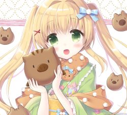 Rule 34 | 1girl, :d, animal, blonde hair, blue bow, blush, boar, botan (clannad), bow, clannad, colored eyelashes, commentary request, company connection, crossover, eyes visible through hair, floating hair, frilled kimono, frilled sleeves, frills, green eyes, green kimono, hair between eyes, hair bow, hair intakes, hair ornament, hands up, holding, holding animal, hoshimame mana, japanese clothes, key (company), kimono, long sleeves, looking at viewer, open mouth, pom pom (clothes), pom pom hair ornament, sidelocks, simple background, smile, solo, summer pockets, tsumugi wenders, upper body, white background, wide sleeves, x hair ornament, yukata