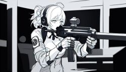 Rule 34 | 1girl, adapted costume, breasts, cleavage, detached collar, girls&#039; frontline, gloves, greyscale, gun, h&amp;k mp7, holding, holding gun, holding weapon, leotard, medium breasts, medium hair, monochrome, mp7 (girls&#039; frontline), pantyhose, personal defense weapon, playboy bunny, ponytail, rabbit tail, red hair, solo, submachine gun, suppressor, tail, takemori kohoto, weapon, yellow eyes