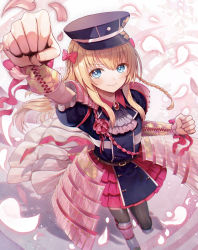 Rule 34 | 1boy, abandon ranka, arm guards, arm up, armor, ascot, belt, black dress, black hat, blonde hair, blue eyes, blurry, bow, braid, brooch, brown thighhighs, clenched hand, closed mouth, collared dress, commentary request, depth of field, dress, fingernails, fist pump, floating hair, flower, foreshortening, frilled sleeves, frills, from above, full body, hair between eyes, hair bow, hand up, hat, highres, japanese armor, jewelry, kiwame (touken ranbu), kote, layered skirt, long hair, looking at viewer, male focus, midare toushirou, military, military uniform, outstretched arm, peaked cap, petals, pink armor, pink bow, pink ribbon, pink skirt, ribbon, shadow, short sleeves, shoulder armor, sidelocks, skirt, smile, sode, solo, standing, thighhighs, touken ranbu, trap, twin braids, uniform, v-shaped eyebrows, wrist ribbon