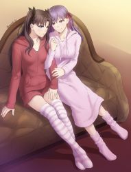 Rule 34 | 2girls, alternate costume, arm around shoulder, artist name, black ribbon, blue eyes, breasts, closed mouth, collarbone, commentary request, couch, fate/stay night, fate (series), full body, hair ribbon, highres, hood, hooded dress, hoodie, large breasts, leaning on person, long hair, long sleeves, looking at another, loungewear, matou sakura, medium breasts, mondi hl, multiple girls, no shoes, pink ribbon, purple eyes, purple hair, red shorts, ribbon, shorts, siblings, sisters, sitting, smile, socks, striped clothes, striped legwear, striped thighhighs, sweater, thighhighs, tohsaka rin, two side up, yuri