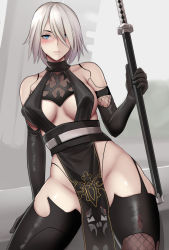 Rule 34 | 1girl, alternate costume, android, arm support, black gloves, black thighhighs, breasts, covered erect nipples, elbow gloves, gloves, hair over one eye, holding, holding sword, holding weapon, joints, lainart, mole, mole under mouth, nier (series), nier:automata, pelvic curtain, robot joints, short hair, sideboob, solo, sword, thighhighs, weapon, white hair, a2 (nier:automata)