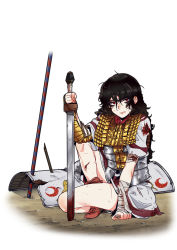 Rule 34 | 1girl, absurdres, armor, bags under eyes, bandaged arm, bandages, black hair, blood, crescent, cuts, damaged, dongsa wonhyong, full body, hair between eyes, highres, holding, holding weapon, injury, legionnaire, long hair, messy hair, original, parted lips, red eyes, roman empire, shield, shoes, short sleeves, simple background, sitting, solo, sweat, sword, weapon, white background