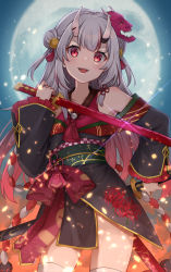 Rule 34 | 1girl, absurdres, bell, black kimono, cowboy shot, double bun, fangs, floral print, flower, frilled sleeves, frills, full moon, gold trim, gradient hair, hair bell, hair between eyes, hair bun, hair ornament, highres, holding, holding sword, holding weapon, hololive, horns, japanese clothes, jingle bell, katana, kimono, kouhaku nawa, long hair, long sleeves, looking at viewer, mask, mask on head, moon, multicolored hair, nakiri ayame, nakiri ayame (1st costume), obi, off shoulder, oni, oni mask, open mouth, red eyes, red hair, rope, sash, sheath, sheathed, shikinagi, shimenawa, short kimono, sidelocks, silver hair, skin-covered horns, smile, solo, spider lily, streaked hair, sword, tassel, thighhighs, two side up, v-shaped eyebrows, virtual youtuber, weapon, white thighhighs