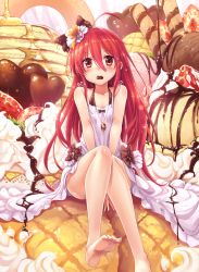 Rule 34 | 1girl, ahoge, alastor (shakugan no shana), bare legs, barefoot, bow, bread, candy, chocolate, chocolate heart, collarbone, dress, feet, food, fruit, hair between eyes, hair ornament, halterneck, heart, highres, jewelry, ks (xephyrks), long hair, looking at viewer, melon bread, mouth hold, oversized object, parfait, pendant, red eyes, red hair, shakugan no shana, shana, sitting, solo, sparkle, strawberry, toes, v arms, valentine, very long hair, wafer stick, white dress