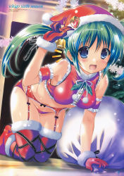 Rule 34 | 1girl, :d, absurdres, all fours, armband, bare shoulders, bell, blue eyes, blush, boots, christmas tree, copyright request, crop top, fang, frills, fur trim, garter belt, garter straps, gloves, green hair, hat, highres, jingle bell, kneeling, komatsu eiji, long hair, looking at viewer, midriff, navel, open mouth, panties, red gloves, red panties, red thighhighs, sack, santa boots, santa costume, santa hat, scan, smile, solo, thigh gap, thighhighs, twintails, underwear