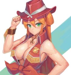 Rule 34 | 1girl, back arrow, bare arms, bare shoulders, blush, breasts, cleavage, closed mouth, cowboy hat, elsha lean, fringe trim, green eyes, hair between eyes, hand on headwear, hand up, hat, highres, large breasts, long hair, looking at viewer, orange hair, ranma (kamenrideroz), red hat, red vest, solo, star (symbol), two-tone background, upper body, vest, wrist cuffs