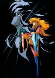 Rule 34 | 1980s (style), 2girls, blonde hair, boots, bracelet, carrying, hair ornament, hairclip, highres, hirano toshihiro, iczer-1, iczer (series), jewelry, kan&aring; nagisa, kanou nagisa, knee boots, long hair, multiple girls, official art, retro artstyle, pink eyes, princess carry, retro artstyle, short hair, tatakae!! iczer-1
