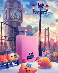 Rule 34 | animal ears, awoofy, bandana, bandana waddle dee, bernard (kirby), blush stickers, can, chilly (kirby), clock, clock tower, clocker, corori, drink can, ears through headwear, elfilin, happy, highres, kirby, kirby (series), kirby and the forgotten land, lamppost, mouse ears, mouthful mode, needlous, nintendo, no humans, ribbon (kirby), scarfy, sitting, sleeping, snow, snowflakes, soda can, solid oval eyes, suyasuyabi, tower, vending mouth, waddle dee, wings