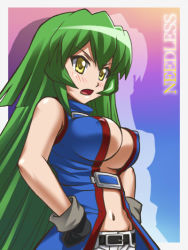 Rule 34 | 1girl, aruka schild, awa, belt, blush, breasts, covered erect nipples, gloves, green hair, hands on own hips, large breasts, long hair, midriff, needless, no bra, open clothes, open mouth, open shirt, shirt, solo, yellow eyes