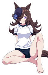 1girl absurdres animal_ears arms_behind_back barefoot black_buruma black_hair blue_flower blue_hat blue_rose buruma butterfly_sitting closed_mouth commentary flower full_body gym_shirt gym_uniform hair_over_one_eye hat hat_flower highres horse_ears horse_girl horse_tail knee_up long_hair looking_at_viewer ponzu_rui purple_eyes rice_shower_(umamusume) rose shirt short_sleeves simple_background sitting smile solo t-shirt tail tilted_headwear umamusume white_background white_shirt