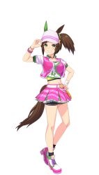 Rule 34 | 1girl, animal ears, ankle socks, belt, bike shorts, black socks, blunt bangs, blush, breasts, brown hair, cleavage, collarbone, colored shadow, crop top, cropped jacket, dated, drop shadow, ear covers, freckles, full body, game model, green eyes, grin, hand on own hip, hand up, hat, highres, horse ears, horse girl, horse tail, ines fujin (umamusume), jacket, large breasts, looking at viewer, medium hair, midriff, navel, open clothes, open jacket, pink footwear, pink skirt, pleated skirt, shadow, shoes, short sleeves, shorts, shorts under skirt, side ponytail, sidelocks, single ear cover, skirt, smile, sneakers, socks, solo, standing, star (symbol), tail, teeth, transparent background, umamusume, unzipped, visor cap, white background, white belt, white hat, wristband