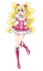 Rule 34 | 00s, 1girl, :d, blonde hair, boots, bow, choker, corset, cure peach, earrings, fresh precure!, frilled skirt, frills, full body, hair ornament, hairpin, heart, heart hair ornament, heart hands, jewelry, knee boots, long hair, magical girl, momozono love, nanashishi, one eye closed, open mouth, pink bow, pink eyes, pink footwear, precure, simple background, skirt, smile, solo, thigh boots, thighhighs, twintails, white background, wink, wrist cuffs