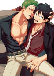 Rule 34 | 2boys, abs, belt, black belt, black hair, black shirt, collarbone, formal, fulenimenle, green hair, hand on another&#039;s thigh, highres, holding another&#039;s head, jewelry, looking at viewer, loose necktie, male focus, monkey d. luffy, multiple boys, muscular, muscular male, necktie, nipple piercing, on lap, one eye closed, one piece, open clothes, open mouth, pants, pectorals, piercing, red shirt, roronoa zoro, scar, scar across eye, scar on chest, scar on face, shirt, shirt tucked in, short hair, simple background, tongue, tongue out, white necktie, white pants, yaoi