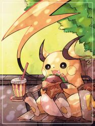 Rule 34 | animal focus, bag, bush, colored skin, creatures (company), cup, disposable cup, drinking straw, eating, food, game freak, gen 1 pokemon, hanabusaoekaki, highres, leaf, nintendo, no humans, open mouth, paper bag, pawpads, pokemon, pokemon (creature), raichu, sandwich, sitting, solid circle eyes, solo, teeth, yellow skin