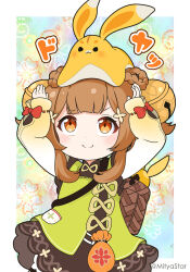 Rule 34 | 1girl, arms up, basket, bell, black dress, braid, braided hair rings, brown eyes, brown hair, closed mouth, commentary request, dress, genshin impact, hair bell, hair ornament, hair rings, jingle bell, long sleeves, mitya, on head, puffy long sleeves, puffy sleeves, shirt, smile, translation request, twin braids, twitter username, white shirt, yaoyao (genshin impact), yuegui (genshin impact)