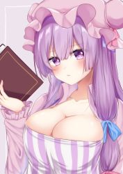 Rule 34 | 1girl, absurdres, bad id, bad pixiv id, blue bow, blush, book, bow, breasts, cleavage, collarbone, commentary request, dress, grey background, hair between eyes, hair bow, hand up, hat, hat bow, highres, holding, holding book, large breasts, long hair, long sleeves, looking at viewer, mob cap, parted lips, patchouli knowledge, pink bow, purple dress, purple eyes, purple hair, purple hat, shinonome asu, simple background, solo, striped clothes, striped dress, touhou, upper body, vertical-striped clothes, vertical-striped dress, wing collar