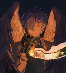 Rule 34 | 2boys, absurdres, black gloves, black sweater, burning, cigarette, closed eyes, commentary, earrings, facing viewer, feathered wings, fire, gloves, grey jacket, hand up, highres, holding, holding cigarette, jacket, jewelry, long sleeves, male focus, multiple boys, muru (muru171232), open clothes, open jacket, rumeld othmayer, saibou shinkyoku, smoke, sweater, theodore riddle, turtleneck, turtleneck sweater, wings