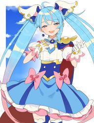 Rule 34 | 1girl, ahoge, blue eyes, blue hair, blue skirt, bow, brooch, cape, commentary, cure sky, detached sleeves, earrings, gloves, gradient hair, highres, hirogaru sky! precure, jewelry, kurodeko, long hair, magical girl, multicolored hair, open mouth, pink bow, pink hair, precure, puffy detached sleeves, puffy sleeves, single earring, single sidelock, skirt, smile, solo, sora harewataru, twintails, two-sided cape, two-sided fabric, white gloves, wing brooch, wing hair ornament