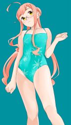 Rule 34 | 1girl, ahoge, aqua background, aqua one-piece swimsuit, casual one-piece swimsuit, double bun, feet out of frame, flat chest, glasses, hair bun, highres, kantai collection, long hair, makigumo (kancolle), ojipon, one-piece swimsuit, pink hair, simple background, solo, standing, swimsuit, teal background, twintails, yellow eyes