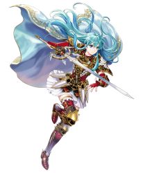 Rule 34 | 1girl, armor, asatani tomoyo, breastplate, cape, eirika (fire emblem), fire emblem, fire emblem: the sacred stones, fire emblem heroes, full body, gloves, highres, holding, holding sword, holding weapon, long hair, nintendo, official art, short sleeves, shoulder pads, skirt, solo, sword, thighhighs, transparent background, weapon, zettai ryouiki