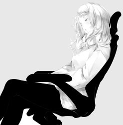 Rule 34 | 1girl, black pants, breasts, chair, eyelashes, from side, grey background, greyscale, head tilt, highres, leaning back, lips, long hair, long sleeves, medium breasts, monochrome, original, pants, parted lips, simple background, sitting, sleeping, solo, sousou (sousouworks), white hair