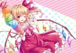 Rule 34 | ;d, arm up, blonde hair, blush, bow, collarbone, commentary request, crystal, diagonal stripes, dress, flandre scarlet, food, frilled dress, frills, hair between eyes, hair bow, holding, holding food, ice cream, ice cream cone, kure~pu, long hair, one eye closed, one side up, open mouth, pink bow, polka dot, polka dot background, red bow, red dress, red eyes, sailor collar, sailor dress, smile, solo, striped, striped background, touhou, v over eye, white sailor collar, wings, wrist cuffs