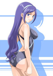Rule 34 | 00s, 1girl, aono miki, ass, blue eyes, blue hair, blush, competition swimsuit, eyelashes, fresh precure!, hairband, impossible clothes, long hair, looking back, matching hair/eyes, muhi11234, one-piece swimsuit, precure, purple eyes, shiny clothes, skin tight, smile, solo, standing, swimsuit