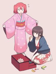 Rule 34 | 10s, 2girls, black hair, blunt bangs, comb, commentary request, dressing, floral print, flying sweatdrops, green eyes, hair ornament, hanten (clothes), highres, japanese clothes, jewelry box, kasa list, kimono, kurosawa dia, kurosawa ruby, long hair, love live!, love live! school idol festival, love live! sunshine!!, multiple girls, new year, obi, open mouth, red hair, sash, seiza, siblings, simple background, sisters, sitting, standing, two side up, wide sleeves
