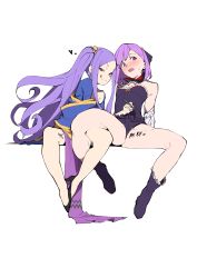 Rule 34 | 2girls, :q, absurdres, bad anatomy, bare shoulders, blush, boots, detached sleeves, fate/grand order, fate (series), heart, helena blavatsky (fate), high heels, highres, jikatarou, long hair, multiple girls, open mouth, purple eyes, purple hair, short hair, sitting, smile, spread legs, teeth, tongue, tongue out, twintails, very long hair, wu zetian (fate), wu zetian (first ascension) (fate)