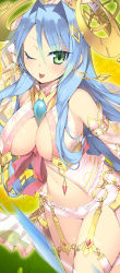 Rule 34 | 1girl, alternate eye color, alternate hair color, amakusa shirou (sengoku collection), between breasts, blue hair, blush, breasts, cleavage, earrings, front-tie top, green eyes, hair ornament, jewelry, kashiwamochi yomogi, large breasts, long hair, looking at viewer, navel, one eye closed, original, panties, sengoku collection, solo, thigh gap, tongue, underwear, white panties, wink