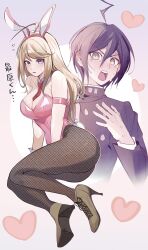 Rule 34 | 1boy, 1girl, absurdres, ahoge, akamatsu kaede, animal ears, ass, bare shoulders, black hair, blonde hair, blush, bojue (hakus 1128), breasts, brown footwear, buttons, cleavage, danganronpa (series), danganronpa v3: killing harmony, detached collar, double-breasted, fake animal ears, gradient background, grey background, hand up, heart, high heels, highres, large breasts, leotard, long hair, long sleeves, looking at viewer, pantyhose, pink leotard, playboy bunny, rabbit ears, rabbit tail, saihara shuichi, short hair, strapless, strapless leotard, sweat, tail, translation request, white background, wrist cuffs