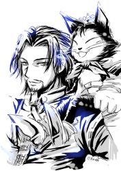 Rule 34 | 1990s (style), 1boy, cait sith (ff7), cat, facial hair, final fantasy, final fantasy vii, krst00, long hair, looking at viewer, reeve tuesti, shoulder perch, signature, sitting, smile