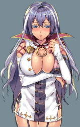Rule 34 | 1girl, bad id, bad pixiv id, blue eyes, blush, breast hold, breasts, bridal gauntlets, cleavage, cleavage cutout, clothing cutout, colored eyelashes, cowboy shot, dress, embarrassed, fishnets, garter straps, hair between eyes, isabelle (shadowverse), jewelry, kairi (strawberry drop), large breasts, lips, long hair, looking away, looking down, multicolored hair, parted lips, purple hair, ring, shadowverse, short dress, simple background, sketch, solo, streaked hair, two-tone hair, white hair