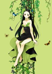 Rule 34 | 1girl, bird, black eyes, black hair, breasts, bug, butterfly, cleavage, dress, flower, high heels, ie, ie (mochi), bug, long hair, nature, original, shoes, small breasts, solo, twintails
