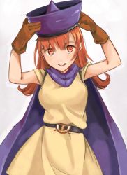 Rule 34 | 1girl, alena (dq4), belt, blush, breasts, cape, commentary request, curly hair, dragon quest, dragon quest iv, dress, gloves, hat, highres, long hair, looking at viewer, open mouth, orange hair, red eyes, simple background, smile, solo, white background