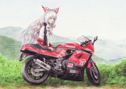 Rule 34 | 1girl, biker clothes, bikesuit, bodysuit, bow, colored pencil (medium), female focus, fujiwara no mokou, grass, hair bow, kawasaki, long hair, looking back, motor vehicle, motorcycle, product placement, red pond, silver hair, solo, touhou, traditional media, vehicle
