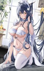 Rule 34 | 1girl, absurdly long hair, absurdres, arm garter, azur lane, bikini, black hair, breasts, cake, choker, cleavage, collarbone, food, frilled choker, frills, hand in own hair, highres, holding, holding hair, holding tray, indomitable (azur lane), indomitable (ms. motivationless maid) (azur lane), kneehighs, large breasts, long hair, maid headdress, manjuu (azur lane), navel, no shoes, official alternate costume, pannko6216, revealing clothes, socks, swimsuit, thighhighs, tray, underboob, very long hair, white bikini, white thighhighs