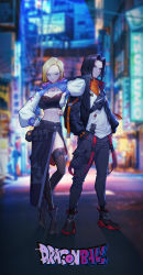 Rule 34 | 1boy, 1girl, absurdres, alternate costume, android 17, android 18, belt, black footwear, black hair, black pants, black thighhighs, blonde hair, blue eyes, blurry, blurry background, breasts, brother and sister, cleavage, copyright name, dragon ball, dragon ball (object), dragonball z, drawstring, earrings, full body, glitch, hand on own hip, hands in pockets, highres, hood, hood down, jewelry, kuririn, large breasts, leaning on person, long sleeves, looking at viewer, midriff, navel, necklace, pants, puffy long sleeves, puffy sleeves, shadow, shirt, shoes, short hair, siblings, smile, standing, suspenders hanging, thighhighs, white shirt, xhe 1992