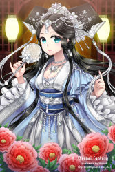 Rule 34 | 1girl, aqua eyes, artist name, bad id, bad pixiv id, belt, black hair, earrings, english text, flower, gem, hair ornament, jewelry, lantern, lipstick, makeup, mirror, necklace, original, pearl necklace, peony (flower), shainea, smile, solo, sparkle, traditional clothes, water drop, watermark, web address, wide sleeves