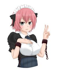 Rule 34 | 1girl, breasts, chain, cuffs, fairy tail, female focus, highres, maid, maid headdress, pink hair, short hair, simple background, solo, v, virgo (fairy tail), white background