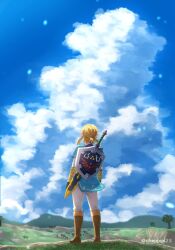 Rule 34 | 1boy, blue sky, blue tunic, boots, brown footwear, cloud, cloudy sky, earrings, facing away, full body, highres, hill, hylian shield, jewelry, knee boots, link, low ponytail, male focus, medium hair, nature, nintendo, pants, pointy ears, shield, shield on back, shirt, sidelocks, sky, solo, sword, the legend of zelda, the legend of zelda: breath of the wild, tree, triforce, twitter username, weapon, weapon on back, white pants, white shirt, yayoi (chepiiii23)
