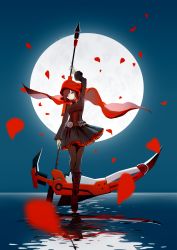Rule 34 | 1girl, absurdres, black dress, black footwear, boots, brown hair, cape, dress, frilled boots, frills, full body, full moon, highres, holding, holding weapon, hood, knee boots, layered dress, moon, petals, red cape, ruby rose, rwby, scythe, short dress, short hair, sketch, solo, water, weapon, zzy (pixiv6875667)