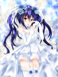 Rule 34 | 1girl, black hair, blue flower, blue rose, blush, breasts, bridal veil, bride, cleavage, covering privates, dress, elbow gloves, female focus, flower, garter straps, gloves, hair between eyes, hair flower, hair ornament, lingerie, looking at viewer, medium breasts, neptune (series), niche-tan, noire (neptunia), open mouth, red eyes, rose, solo, tears, thighhighs, topless, twintails, underwear, veil, wedding dress, white gloves, white thighhighs