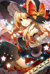 Rule 34 | 1girl, black thighhighs, blonde hair, bow, breasts, cleavage, female focus, hat, hat bow, highres, kirisame marisa, long hair, open mouth, red eyes, ribbon, roh nam kyung, sitting, skindentation, smile, solo, star (symbol), star print, thighhighs, touhou, witch hat, wrist cuffs